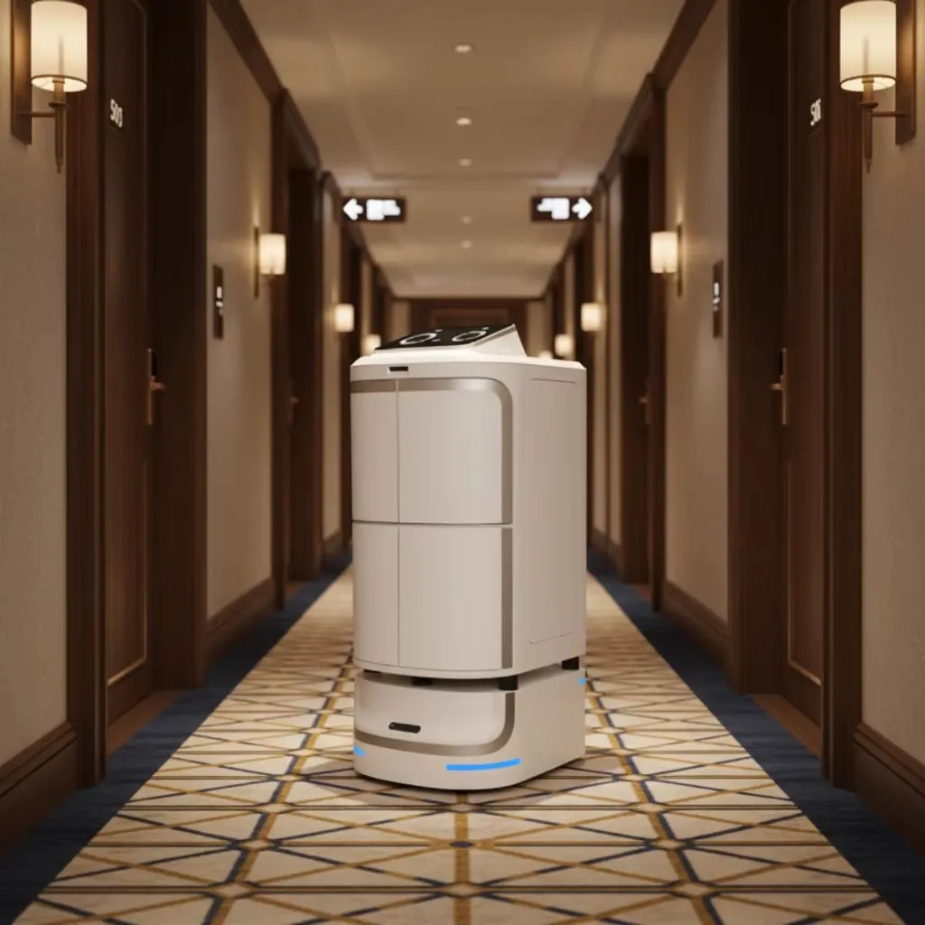 Robot de Entrega para Hoteles con IA, Navegación Autónoma e Integración con Ascensor para Servicio a la Habitación sin Contacto
