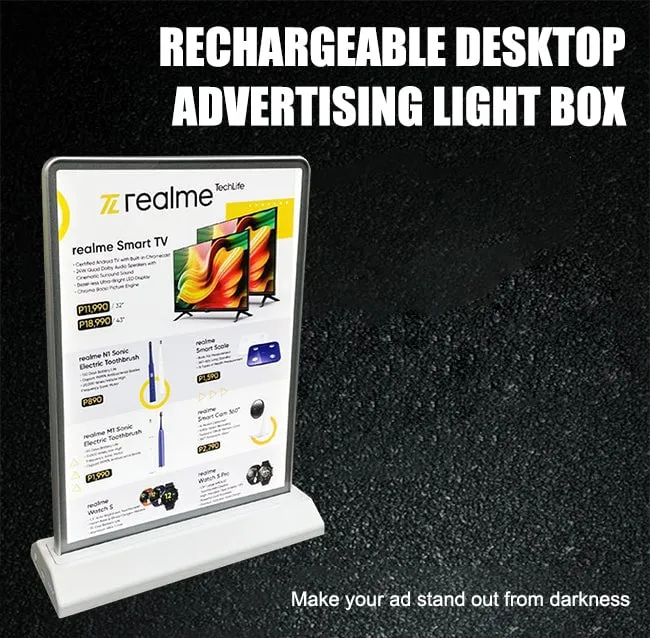 Caja de luz, Letrero de mesa LED recargable de 2 lados A4